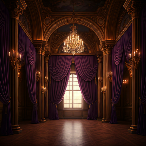 Luxurious dark interior with velvet curtains and gold accents