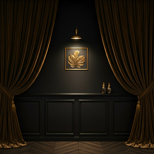 Luxurious dark interior with velvet curtains and gold accents